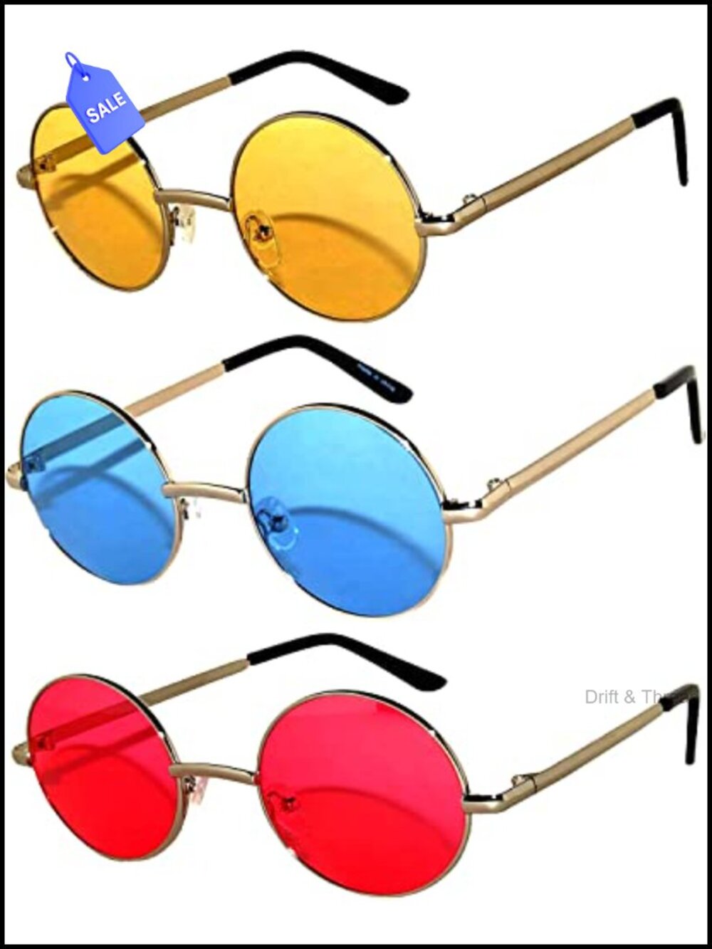 OWL Round Retro Vintage Circle Sunglasses 3 Pairs Metal Frame 43mm
